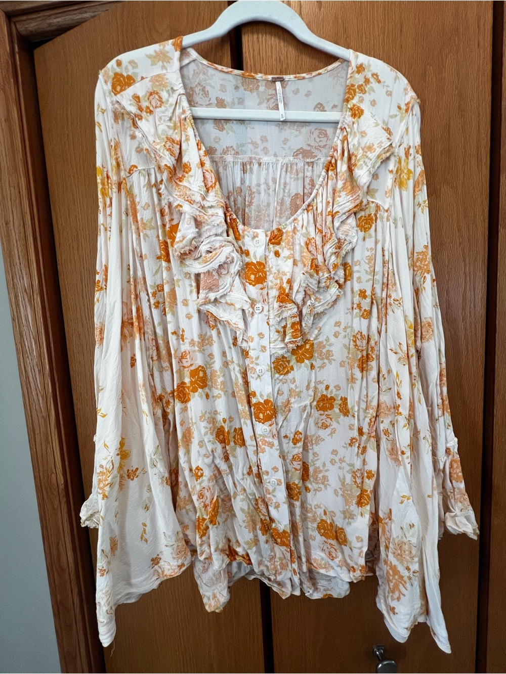 Free People Cream Blouse with Orange Floral Ruffle Front